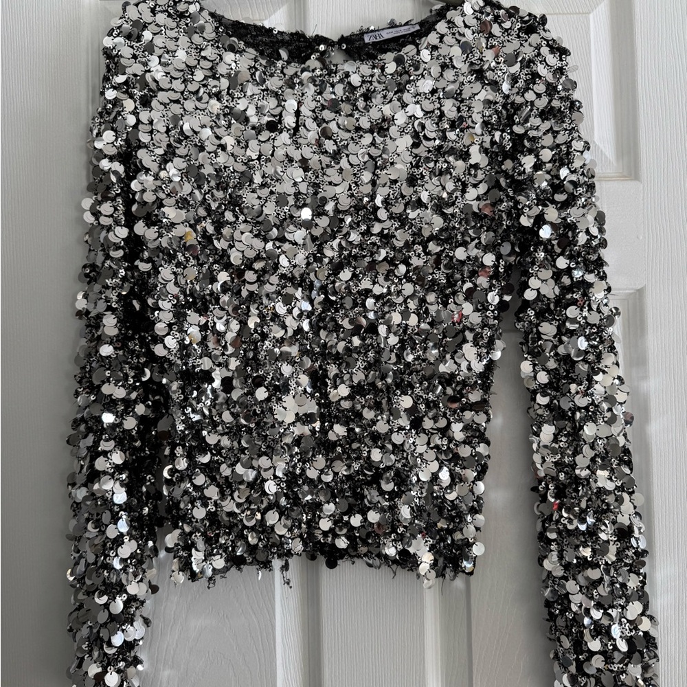 Zara Glamorous Sequin Black and Silver Women's Blouse